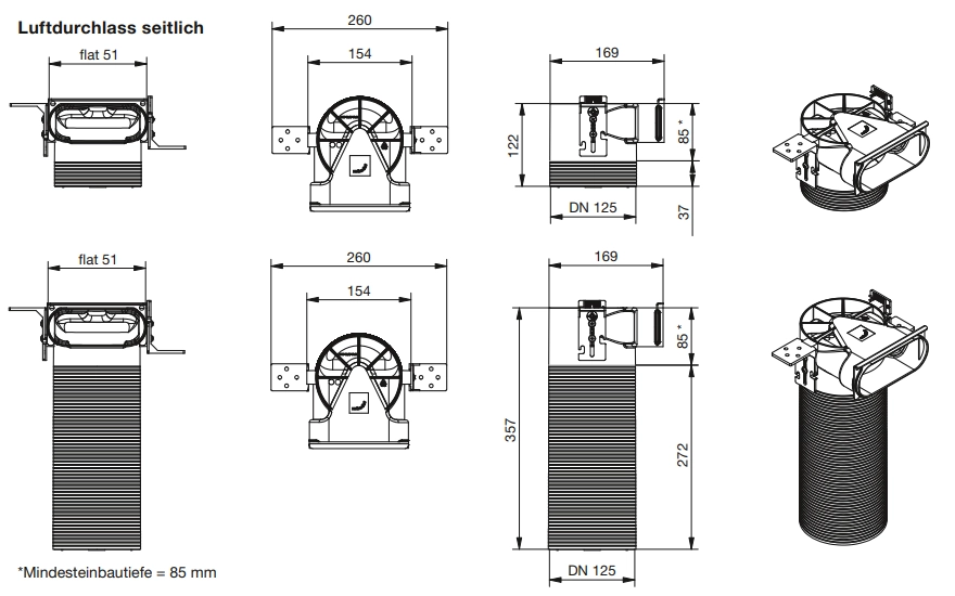 Zehnder Luftdurchlassgehäuse CLRF, DN 125 / flat 51 seitlich